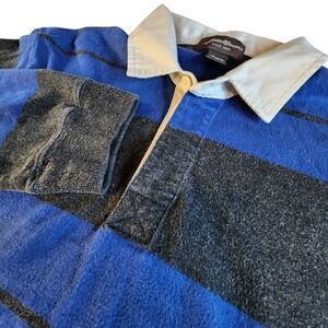 EDDIE BAUER Rugby Polo Shirt Mens Large Grey Blue Stripe Long Sleeve Preppy